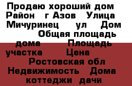 Продаю хороший дом › Район ­ г.Азов › Улица ­ Мичуринец-3, 8ул. › Дом ­ 210 › Общая площадь дома ­ 43 › Площадь участка ­ 6 › Цена ­ 750 000 - Ростовская обл. Недвижимость » Дома, коттеджи, дачи продажа   
